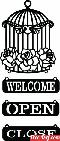 download Welcome Sign with Bird Cage open close sign free ready for cut
