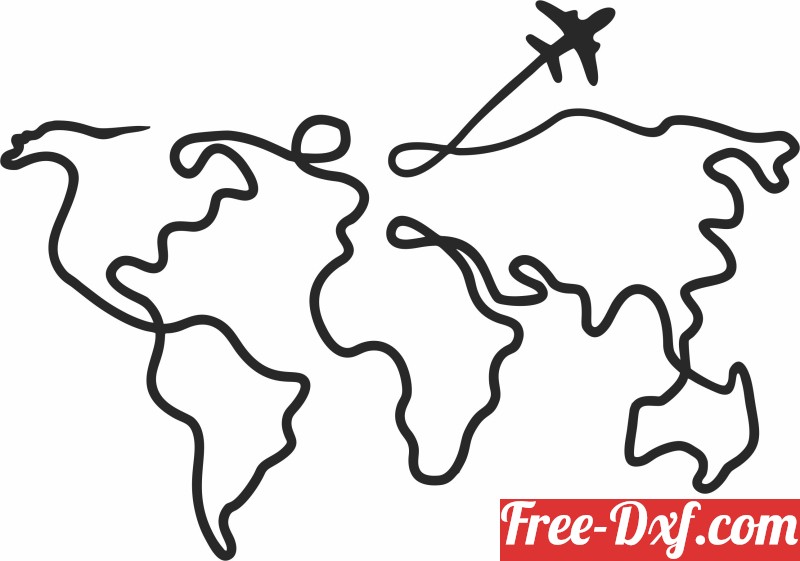 Download World Map One Line Drawing APume High Quality Free Dxf F   7677 