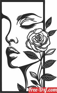 download Girl with a rose line drawing art free ready for cut