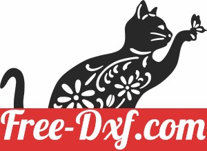 floral cat with butterfly clipart