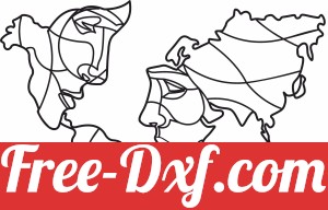 Faces of World Map line drawing