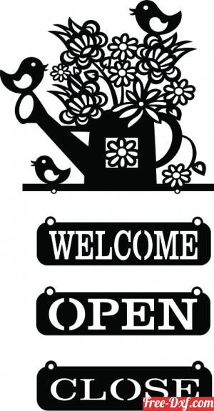 download welcome open close sign Watering Can with flower and birds free ready for cut