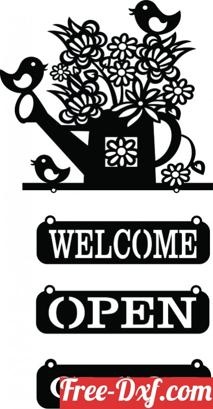 Download welcome open close sign Watering Can with flower and bir