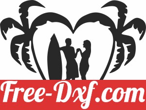 couple surfer heart palm tree