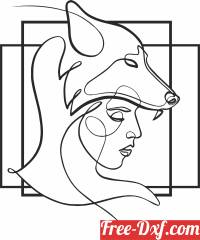 download one line girl with wolf headdress wall art free ready for cut