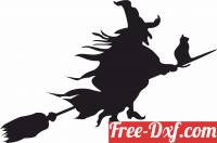 download Halloween Witch and her cat on a Broomstick flying free ready for cut