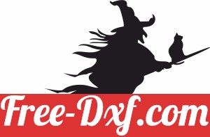 Halloween Witch and her cat on a Broomstick flying