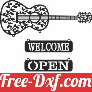 guitar wall sign with open close and welcome sign