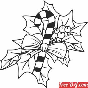 download christmas Candy cane with holly leaves free ready for cut