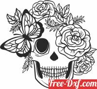 download skull with flower and butterfly free ready for cut